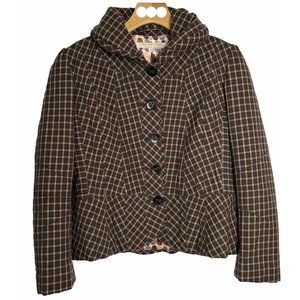 Lili Petrus Made In Italy Peplum Pin-tuck Back Brown Plaid Jacket Coat-ITA44/US8